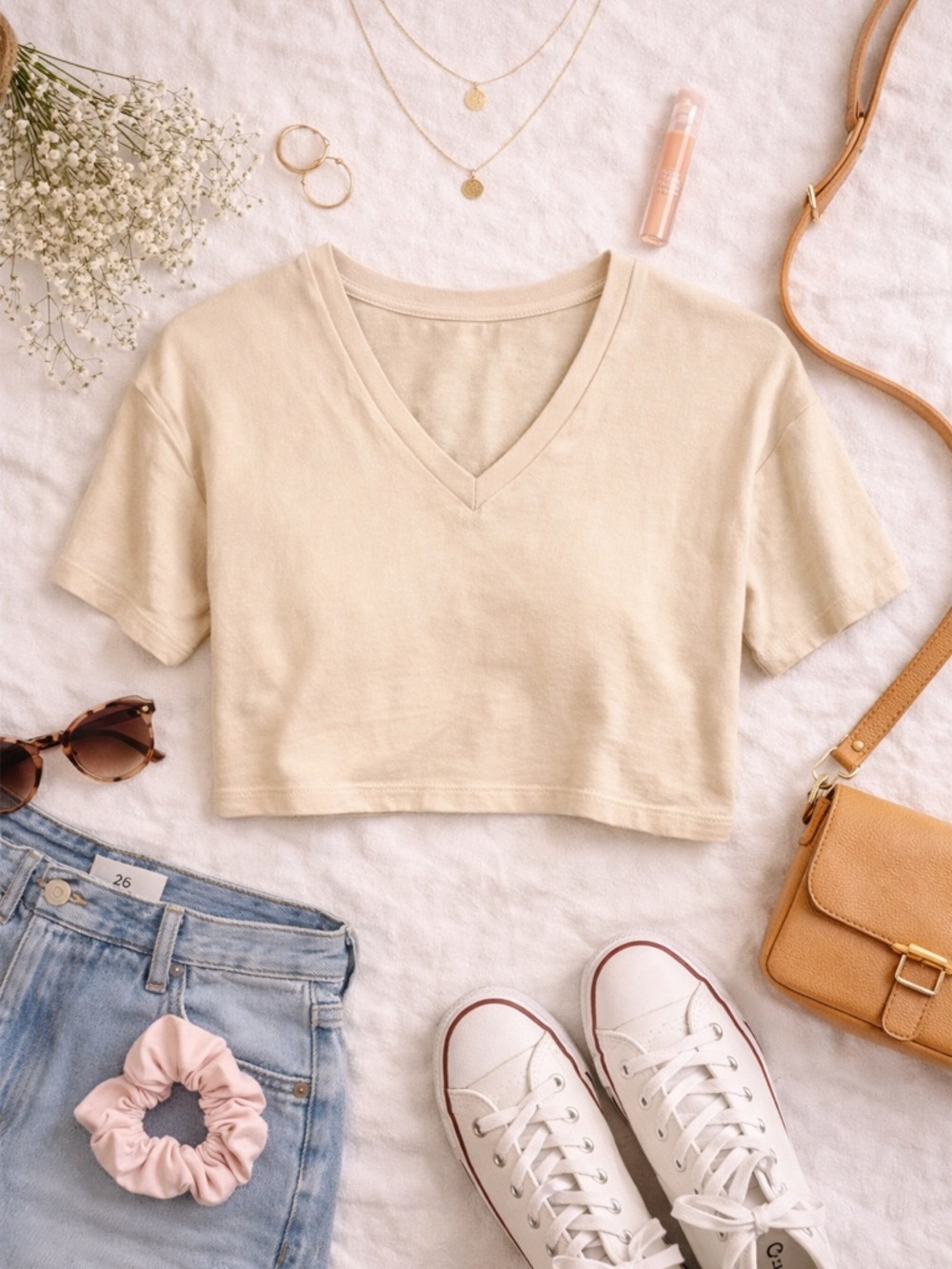 Zara Pale Pink Cream Oversized Cropped V Neck Tee Women’s Small Cotton